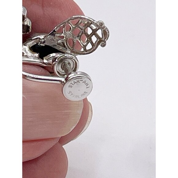 VTG Star-Art Sterling Silver Black Onyx Earrings Screw-Back Mid Century Modern - Picture 4 of 8